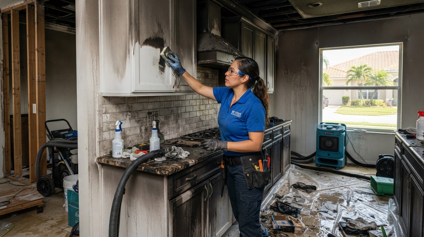 Restoration technician cleaning smoke and water residue from kitchen walls in an Eagle Lake FL home