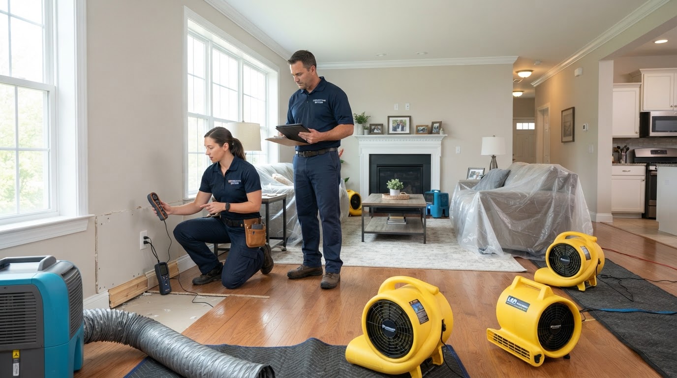 Restoration professionals evaluating property conditions with drying equipment staged in a Winter Haven home