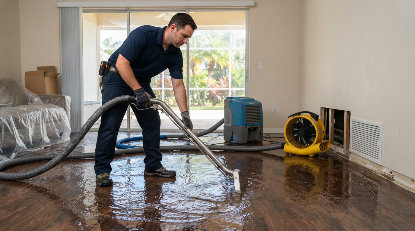 Water damage restoration technician using extraction equipment in an Auburndale FL home