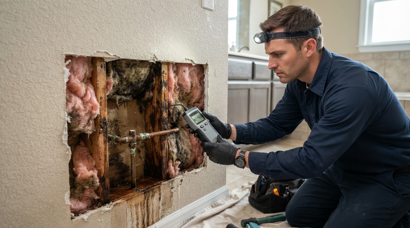 Restoration technician inspecting plumbing leak water damage behind drywall in a Lake Alfred FL home