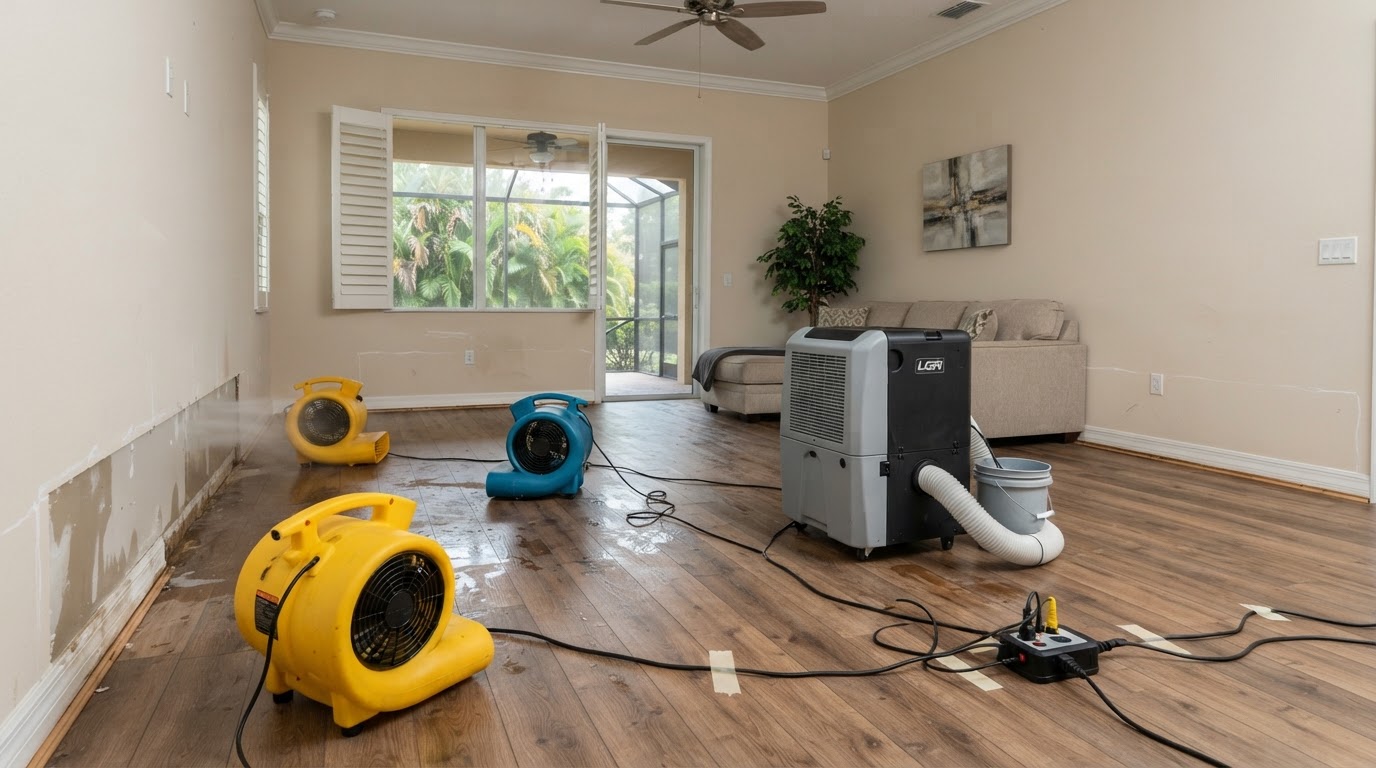 Air movers and dehumidification equipment drying a water-damaged room in a Lake Hamilton FL property