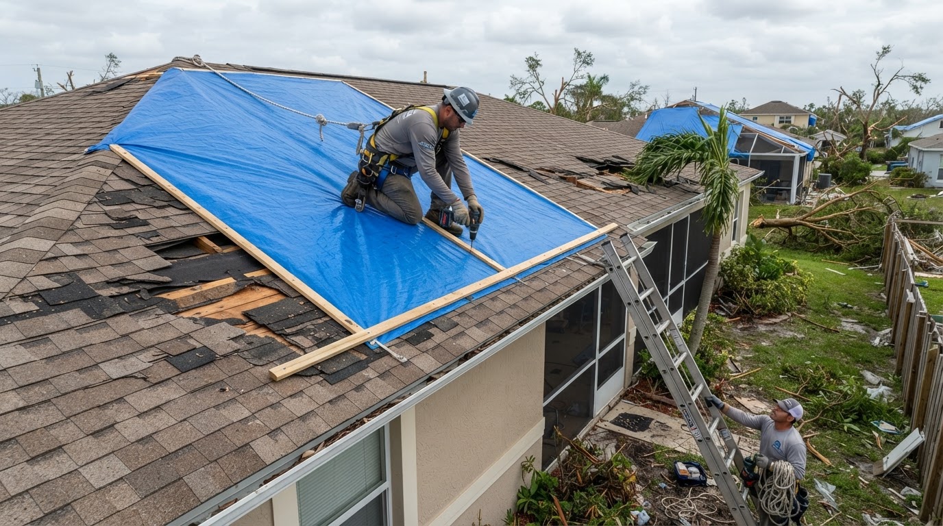Storm-damaged Florida roof with a blue emergency tarp installed near Dundee FL