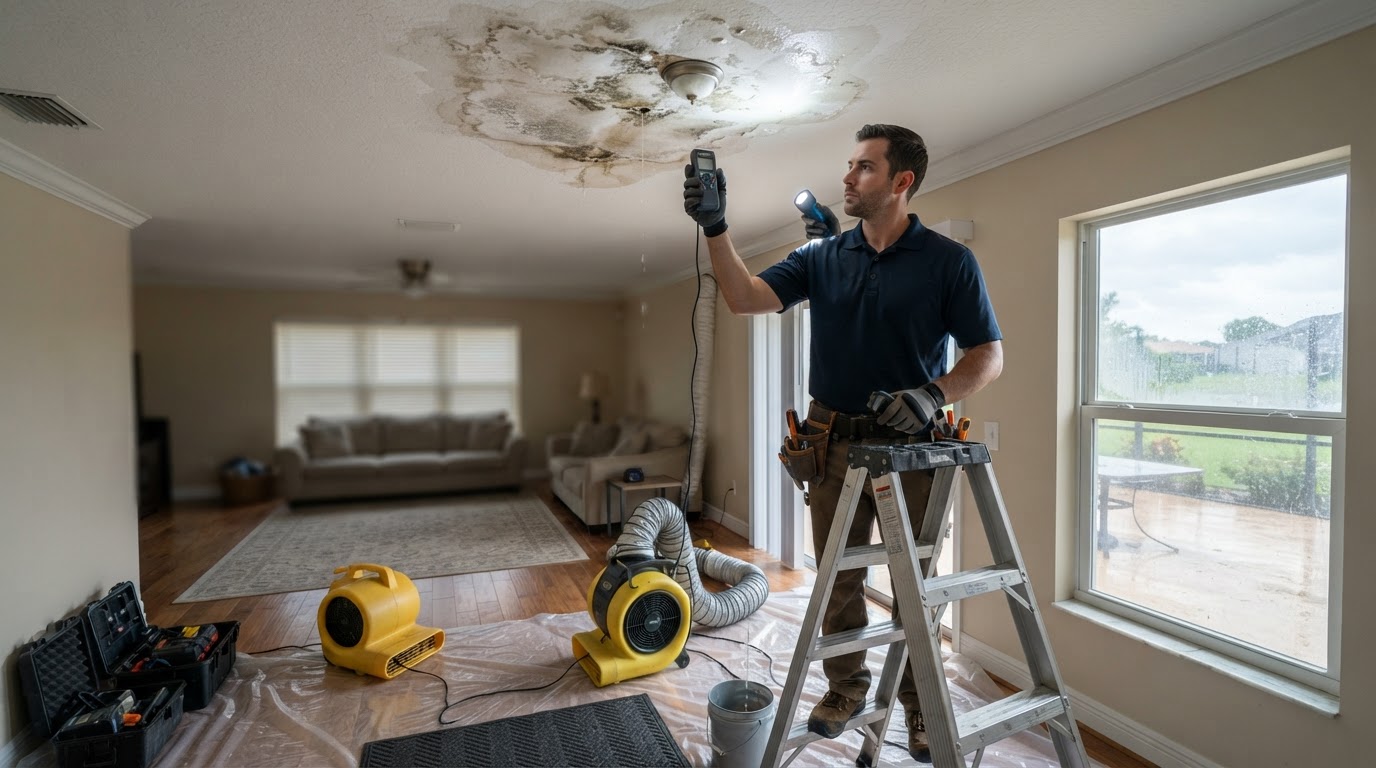 Roof leak and ceiling water damage cleanup with drying equipment in a Lake Wales FL home