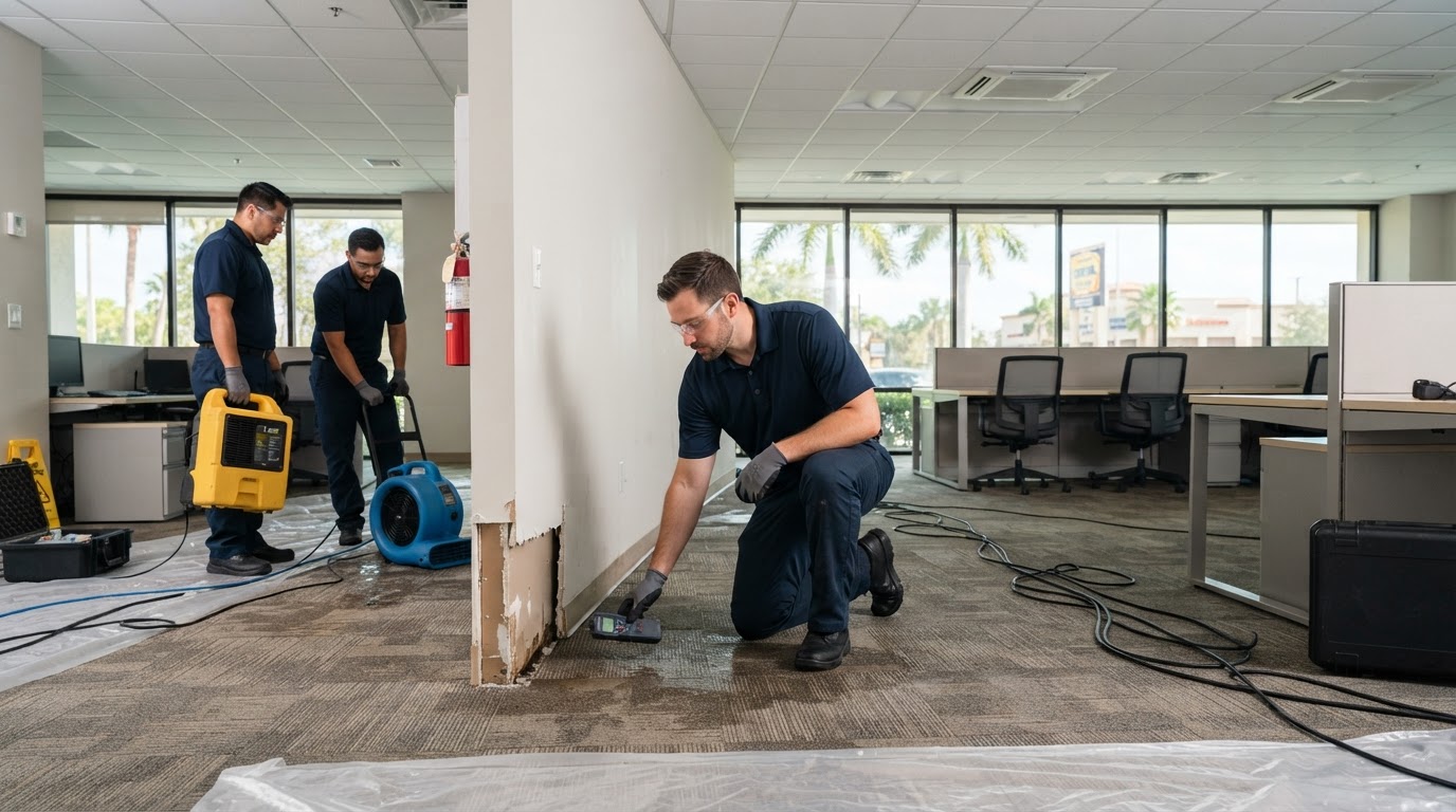 Commercial restoration technicians evaluating water damage in a Lakeland FL business property