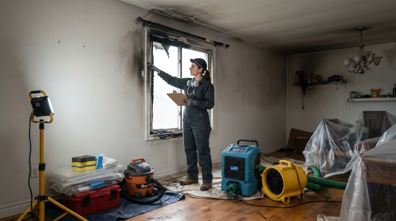 Fire damage restoration technician evaluating smoke and soot residue in a Bartow FL home