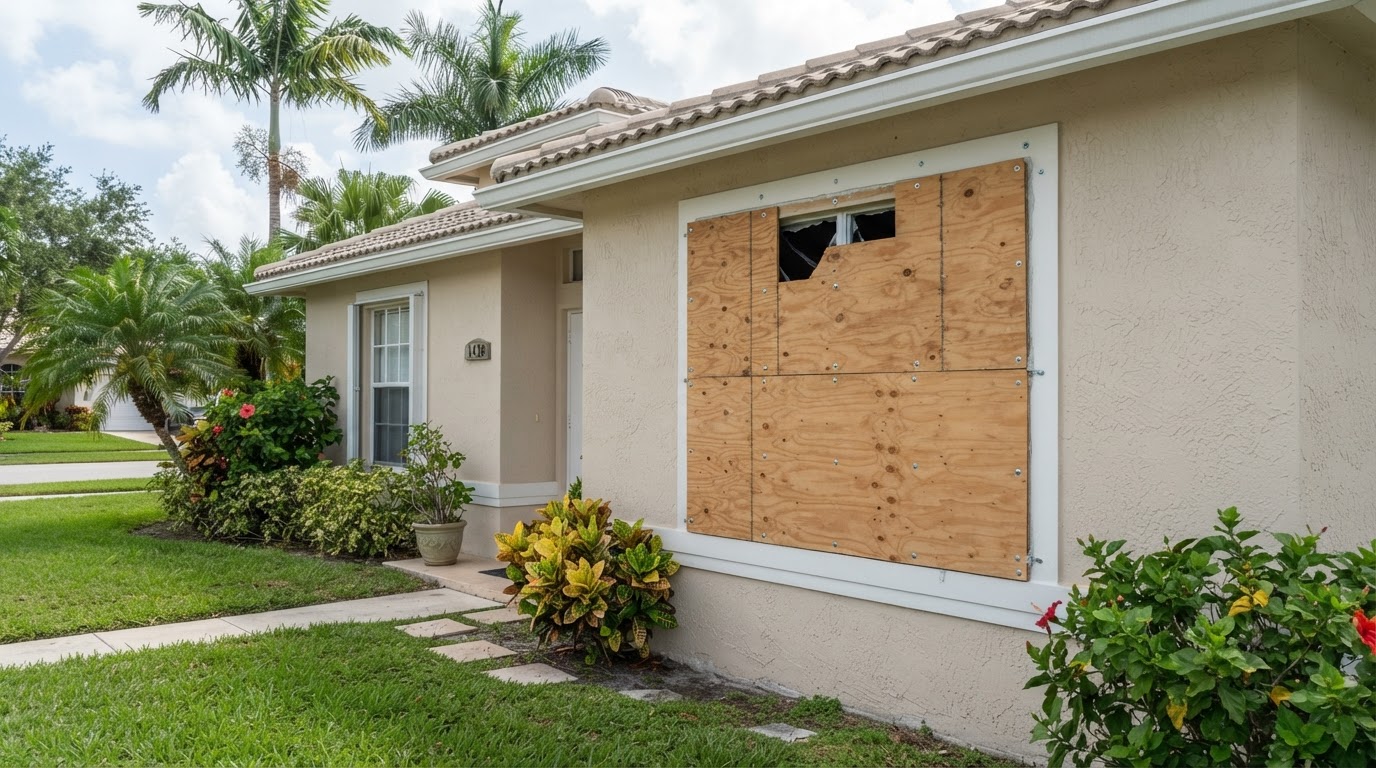 Boarded-up damaged window opening on a property near Frostproof FL