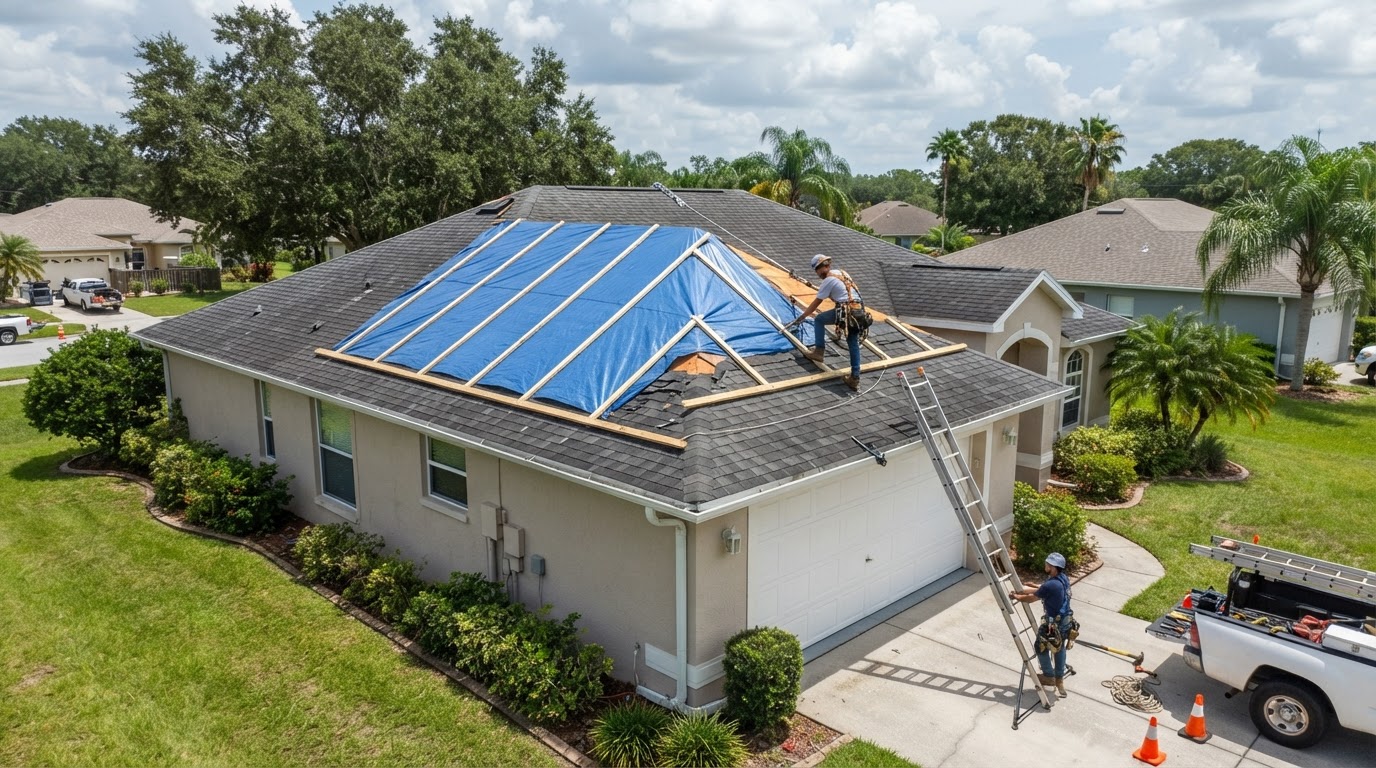 Storm-damaged residential roof with emergency tarp near Polk City FL