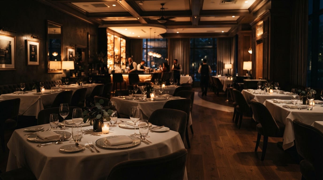 Sala de restaurante al atardecer con mesas preparadas