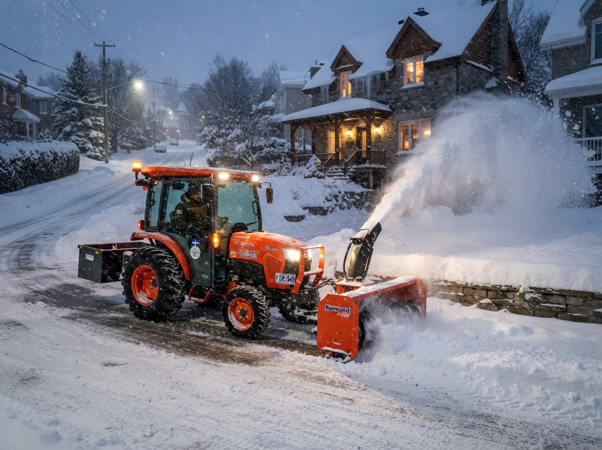 DÉNEIGEMENT : Contrats saisonniers de déneigement résidentiel au tracteur à souffleuse avec grattes en téflon protectrices pour votre pavé.