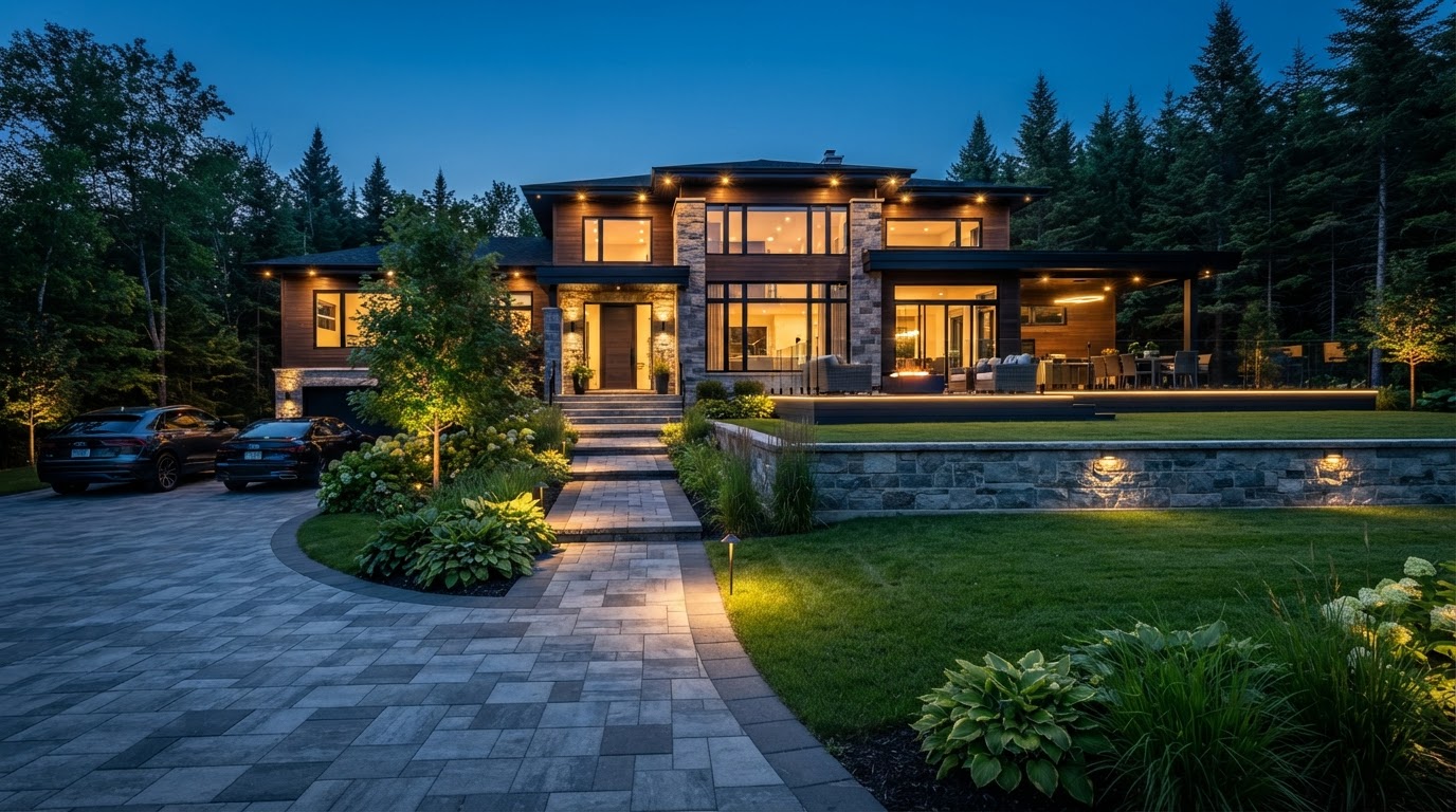 Magnifique aménagement extérieur québécois moderne avec pavé uni, patio composite et gazon