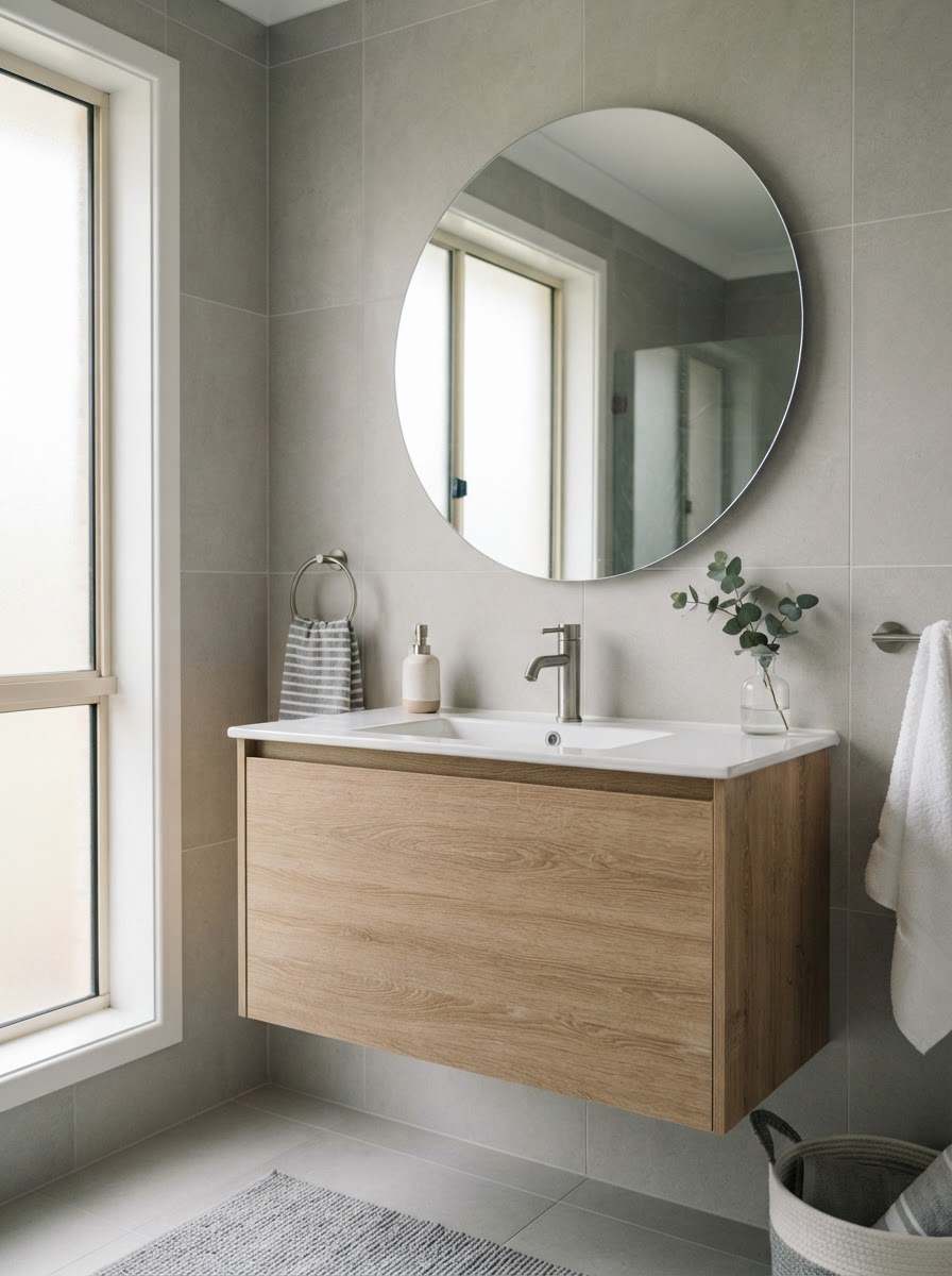 Close-up of a renovated Australian bathroom with timber-look vanity, brushed nickel tapware and neutral tiles