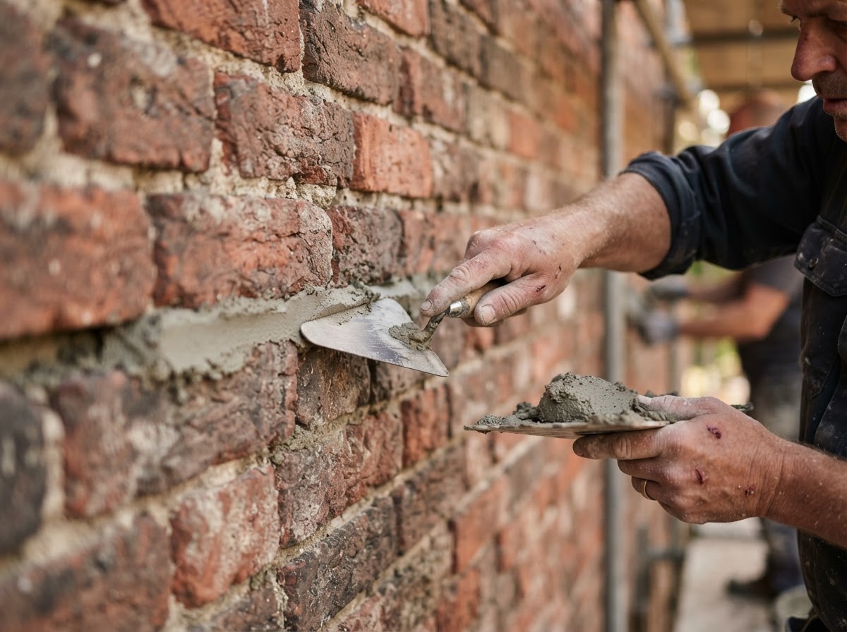 Mason repointing mortar joints in an old red brick wall with a trowel