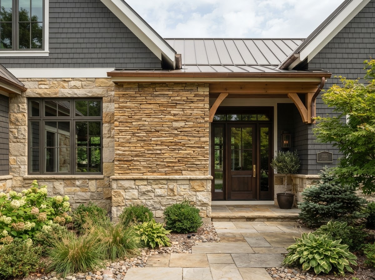 Natural Indiana limestone and stacked stone veneer accent wall