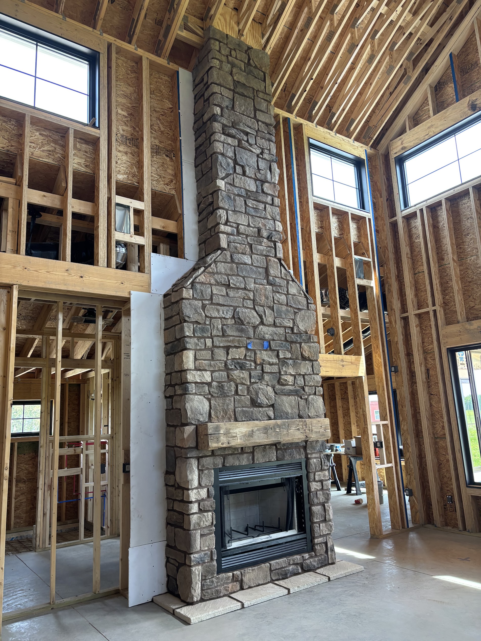 Cathedral-Ceiling Natural Stone Fireplace & Chimney