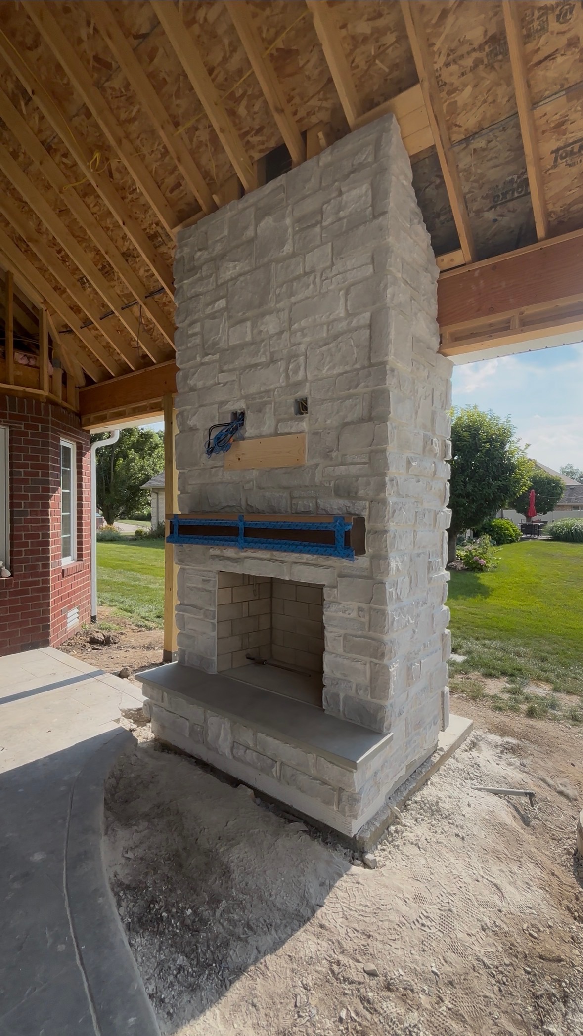 Covered Porch Outdoor Stone Fireplace & Firebox