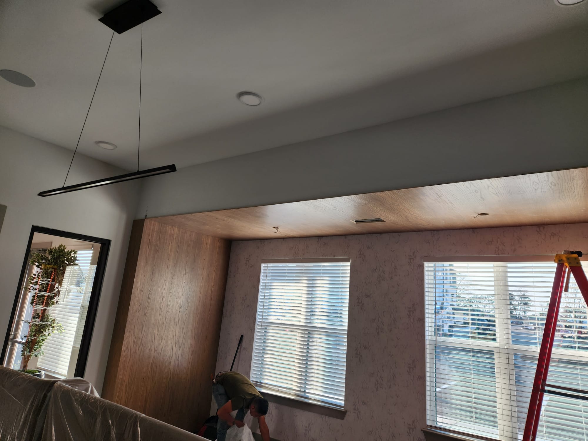 Architectural wood veneer ceiling drop soffit and matching wall cladding over window alcove in Winston-Salem NC