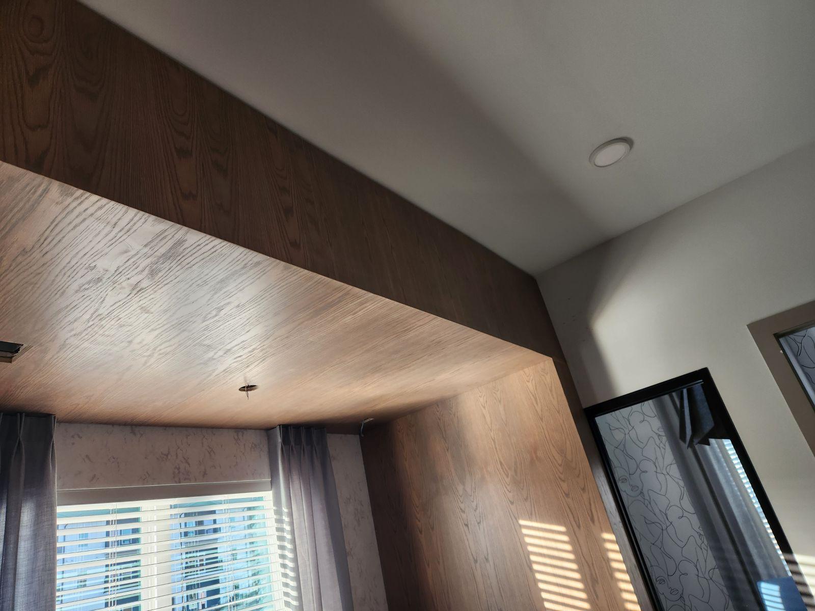 Architectural natural oak wood ceiling drop soffit and wall canopy installed in Lewisville NC