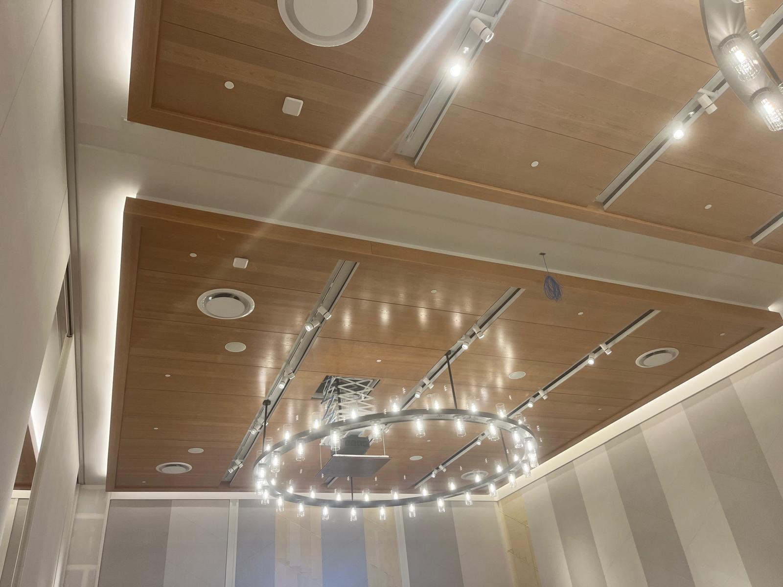 Custom architectural wood panel drop ceiling with circular chandelier and recessed track lights in Winston-Salem NC