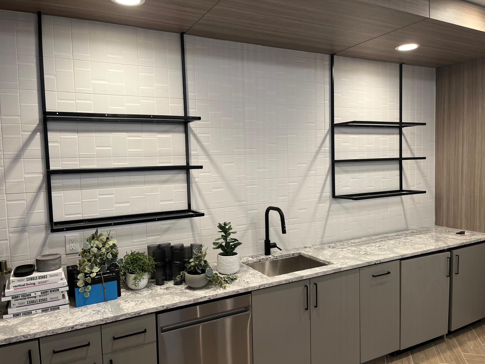 Suspended ceiling-mounted metal frame shelves over custom cabinetry in Greensboro NC