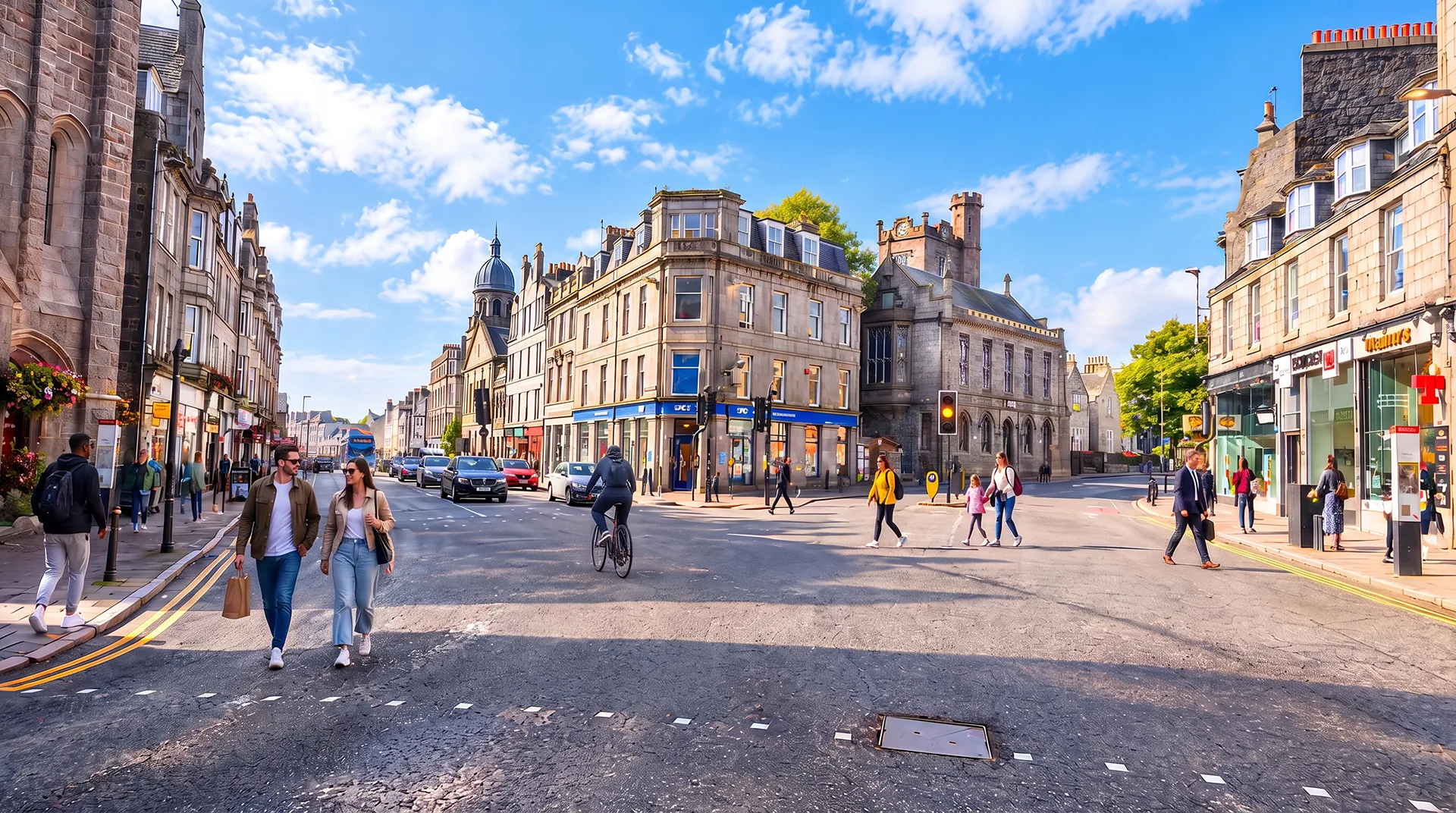 Holburn Junction and Union Street bustling streetscape in Aberdeen city centre