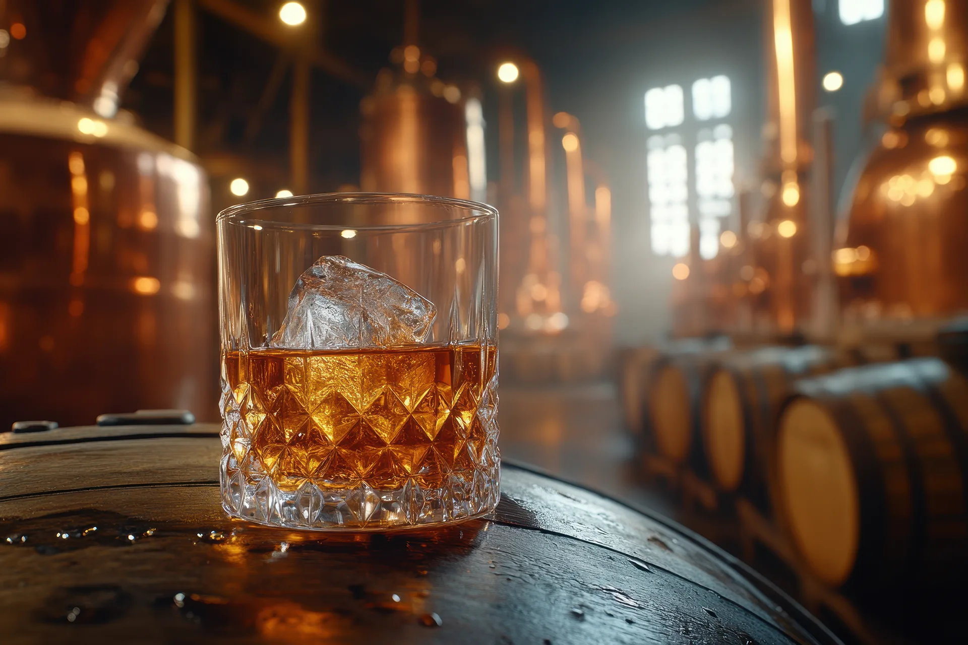 Scotch malt whisky in crystal tumbler on oak cask inside traditional Scottish distillery
