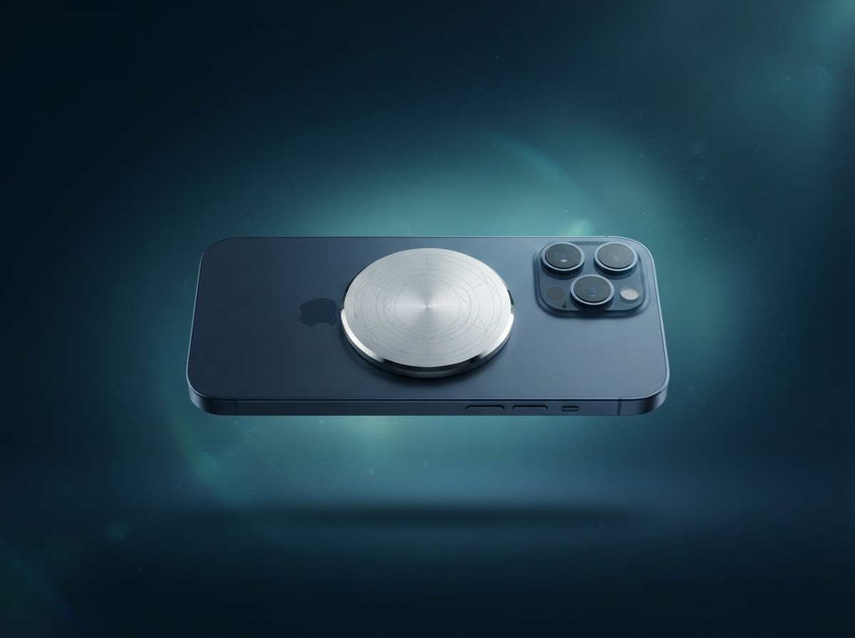 Omnia Radiation Balancer disc attached to a smartphone