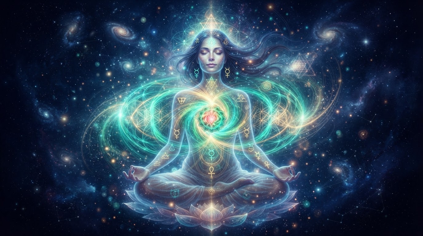 Corazón alquímico con campo toroidal radiante y geometría sagrada