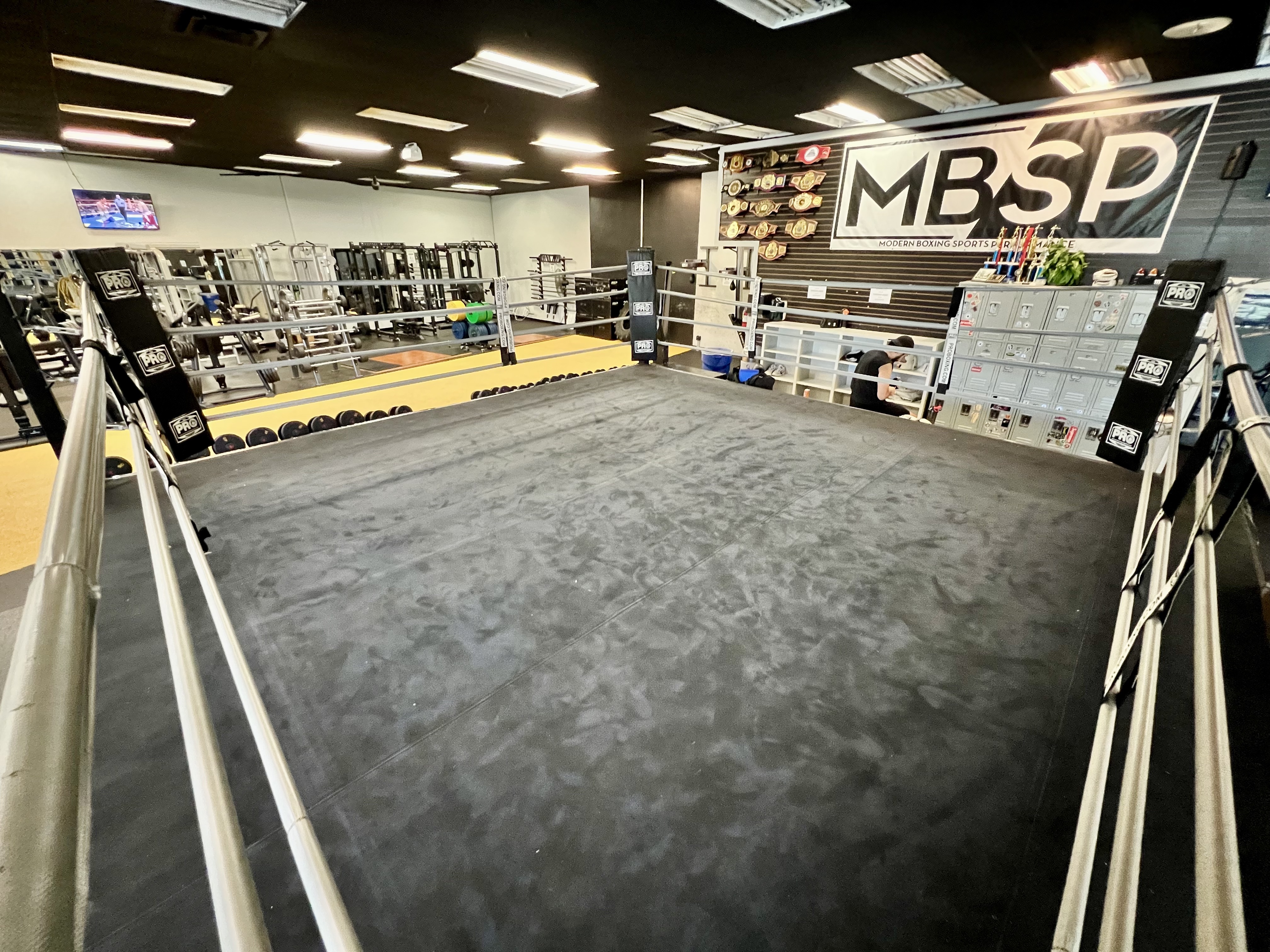 View from inside MBSP boxing ring canvas looking at belt wall