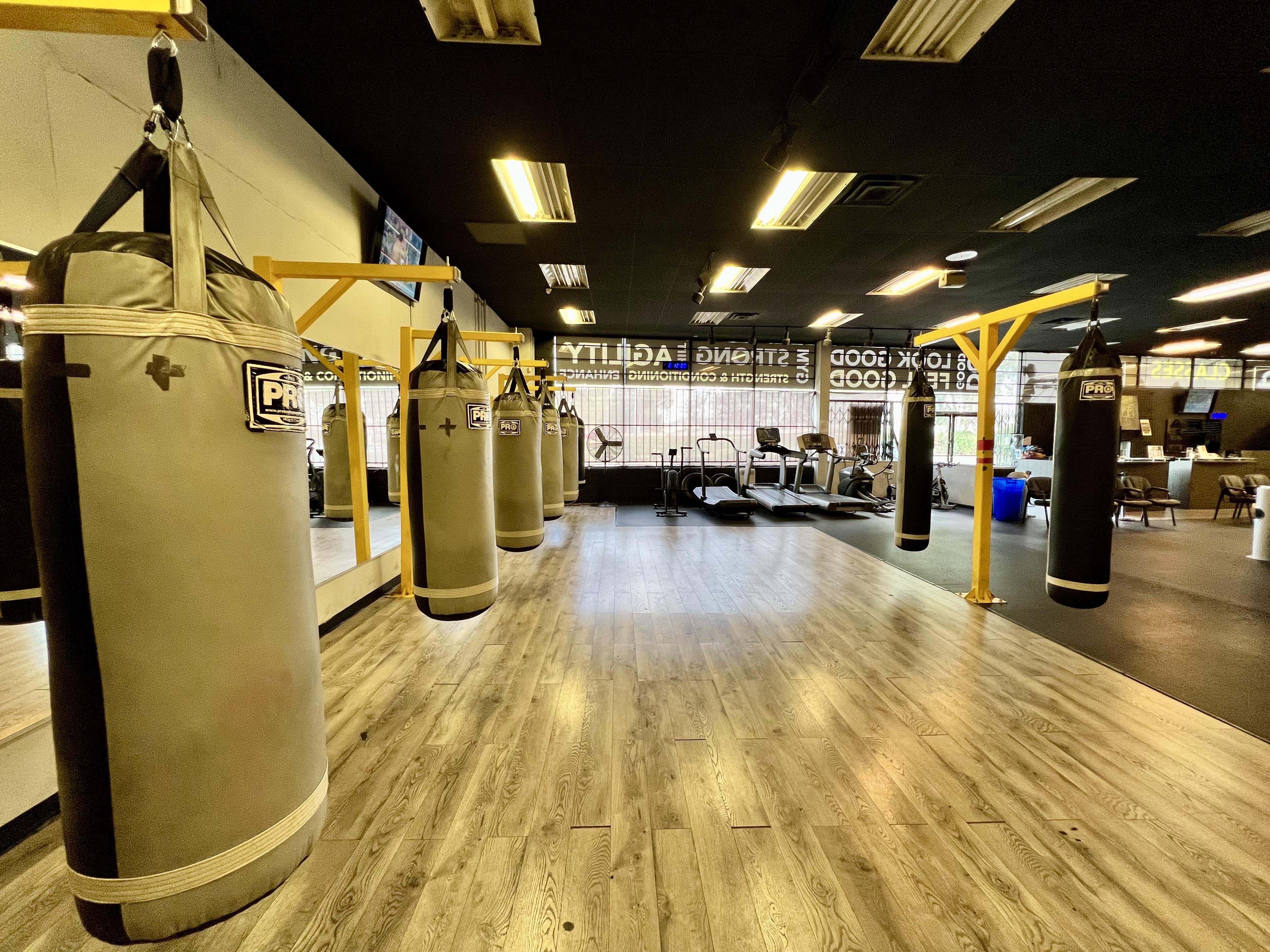 Long hallway view of MBSP heavy bag line