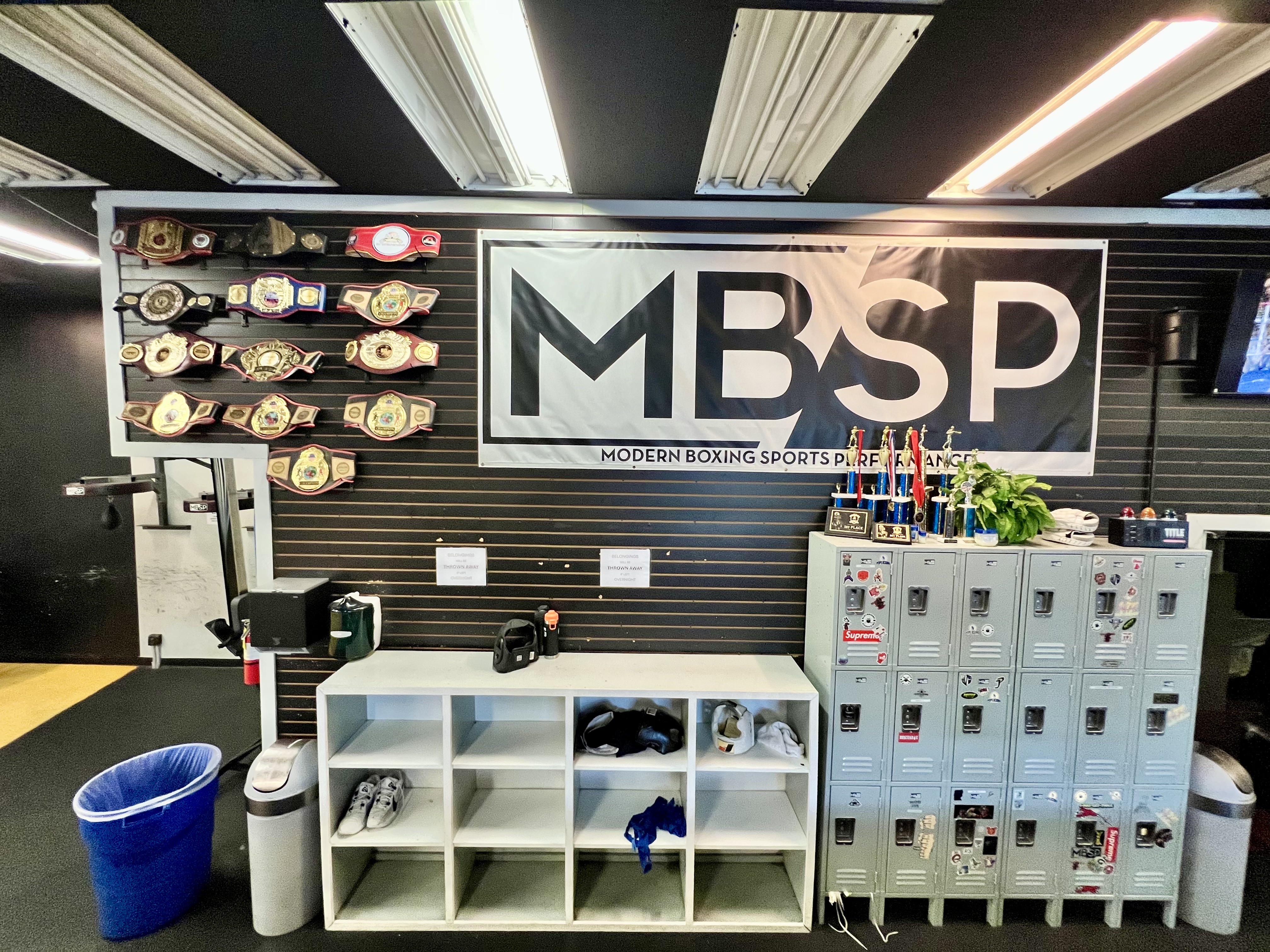MBSP championship belt wall and trophy case