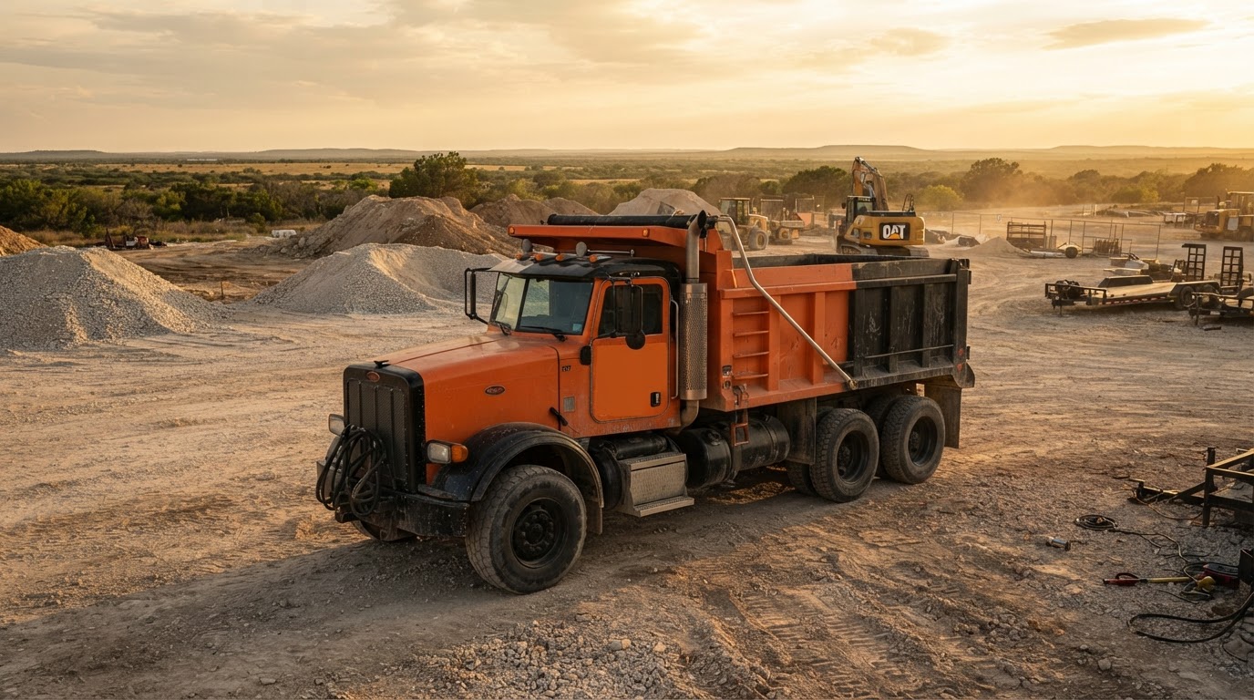 BIG DUMPS dump truck hauling aggregate on a Central Texas construction site at golden hour
