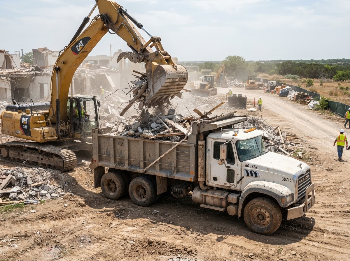BIG DUMPS dump truck being loaded with construction debris and broken concrete for haul-off in Central Texas