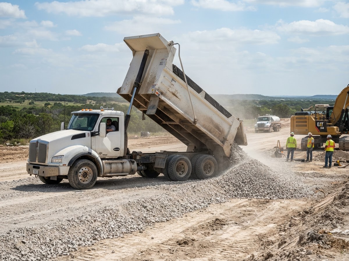 BIG DUMPS dump truck delivering crushed limestone aggregate to a construction site in Georgetown TX