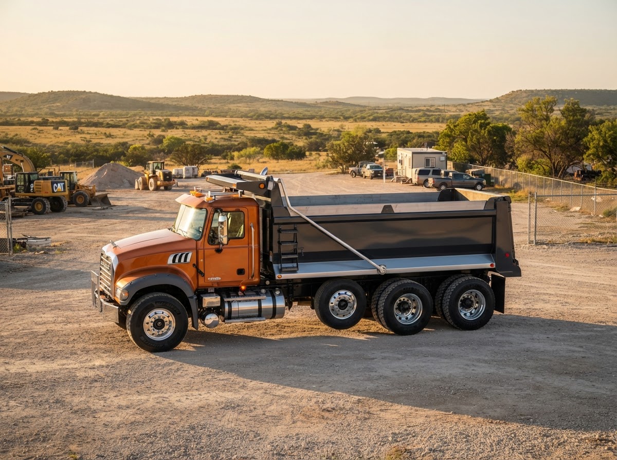 BIG DUMPS dump truck parked and ready for dispatch at a Central Texas construction yard