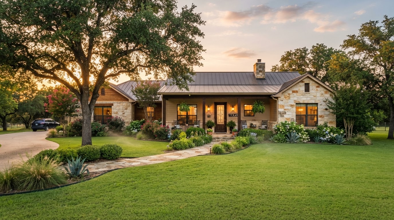 A peaceful, welcoming single-story Texas home at golden hour