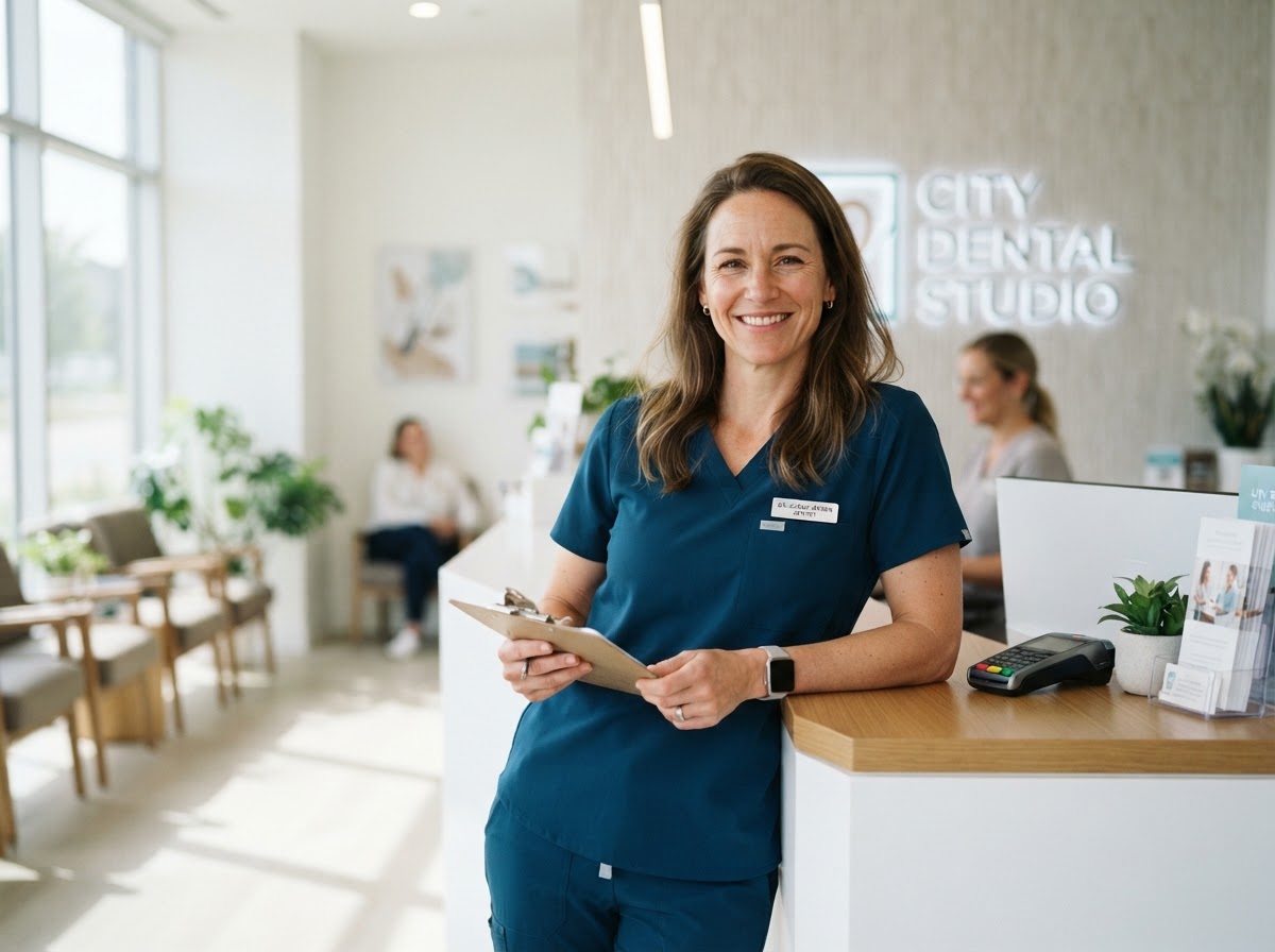 Dentista serena y confiada en una clínica dental moderna y luminosa