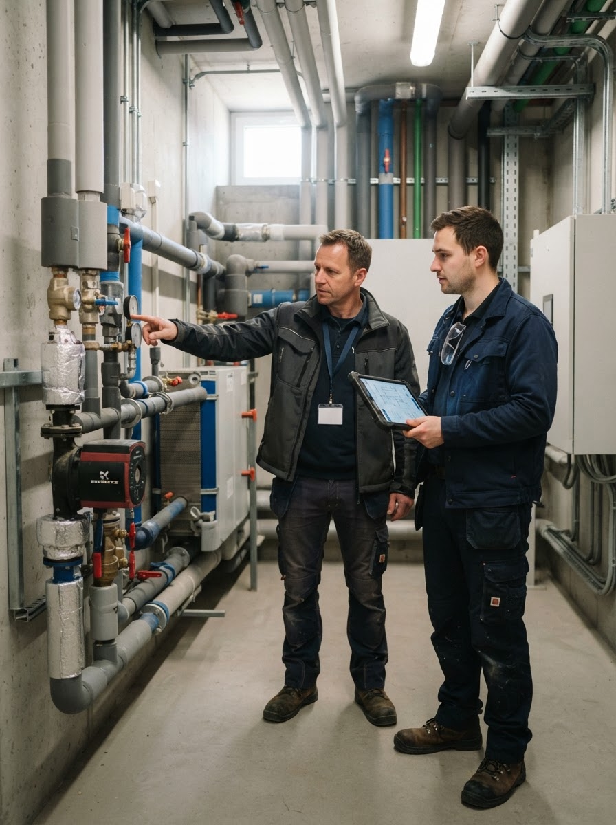 Správkyňa a technik v technickej miestnosti bytového domu – S-Line Systems®
