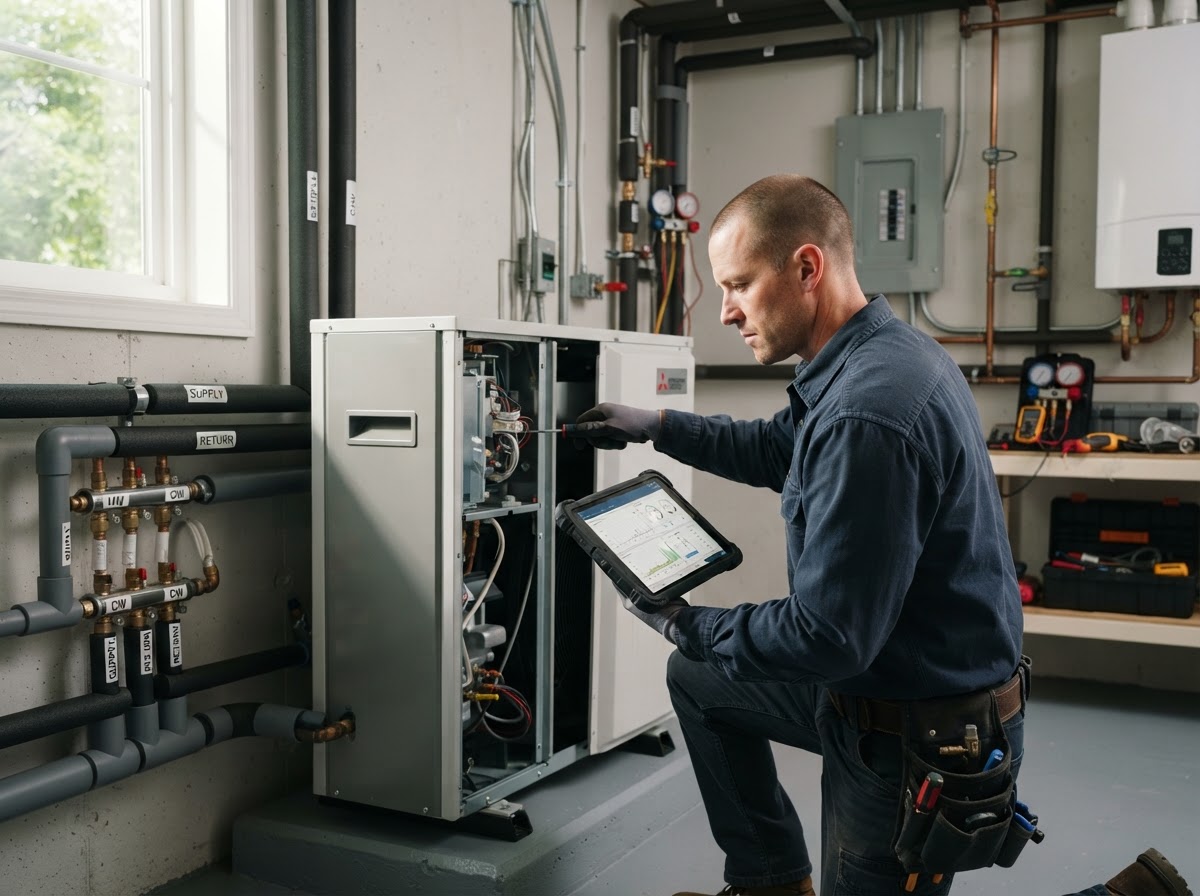 Technik pri servise tepelného čerpadla v technickej miestnosti rodinného domu – S-Line Systems®