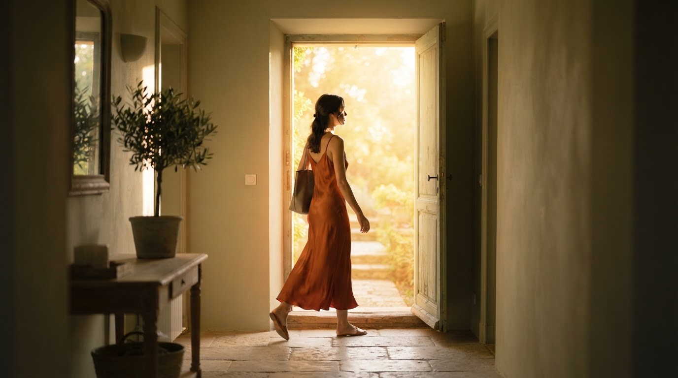 A woman stepping toward golden light through an open doorway, symbolizing the choice to stay open