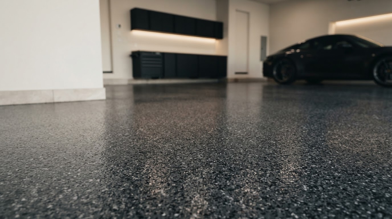 Premium ONYX flake garage floor shot from a low angle, with soft architectural lighting and minimal cabinetry in the background
