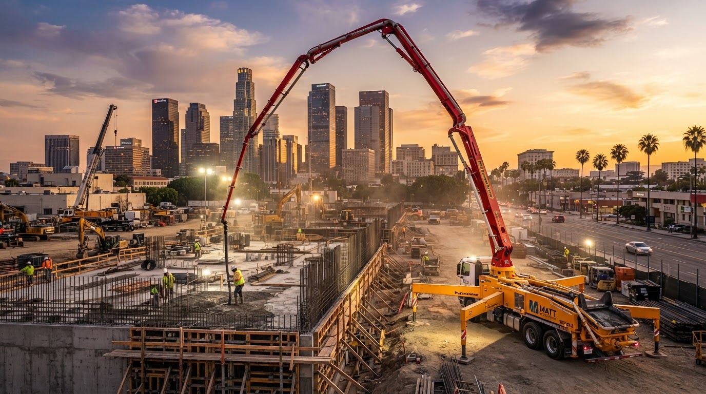 Commercial concrete boom pump truck on a Los Angeles jobsite