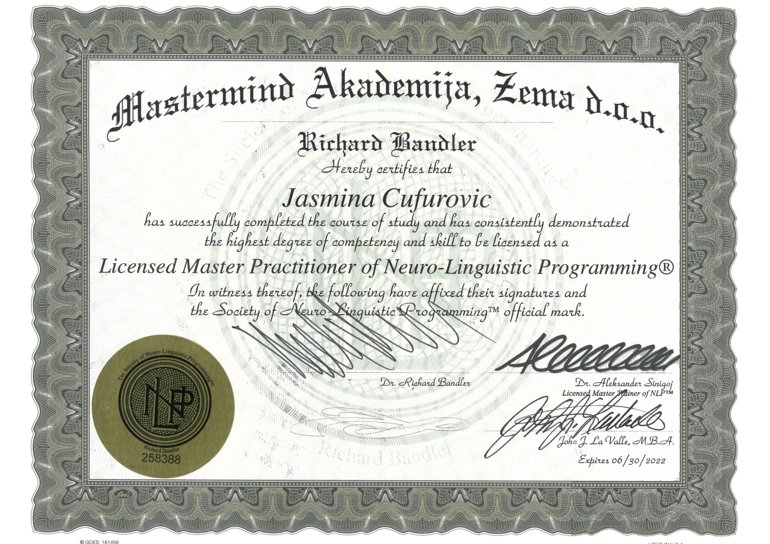 Certifikat Licensed Master Practitioner of NLP