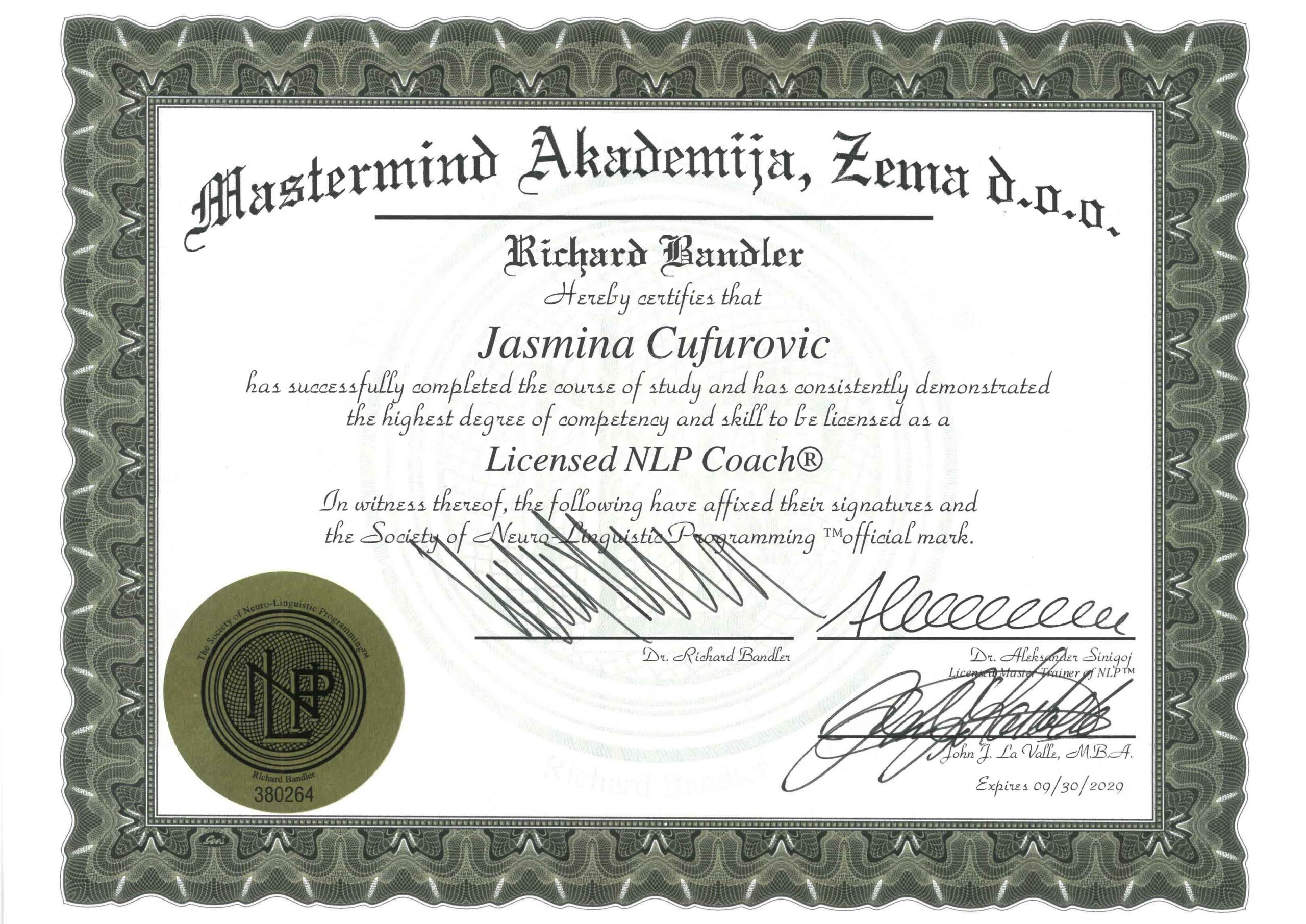 Certifikat Licensed NLP Coach