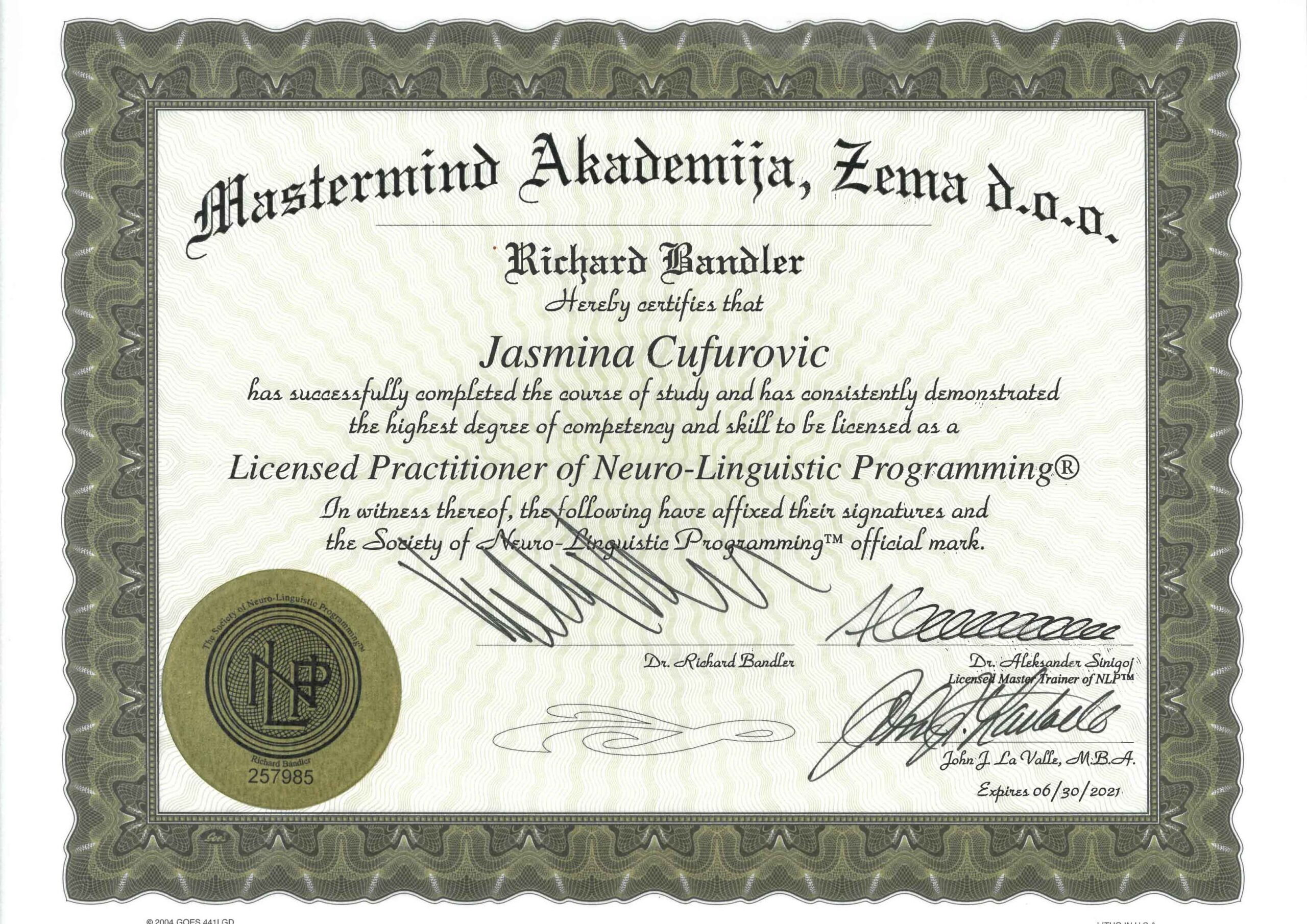 Certifikat Licensed Practitioner of Neuro-Linguistic Programming