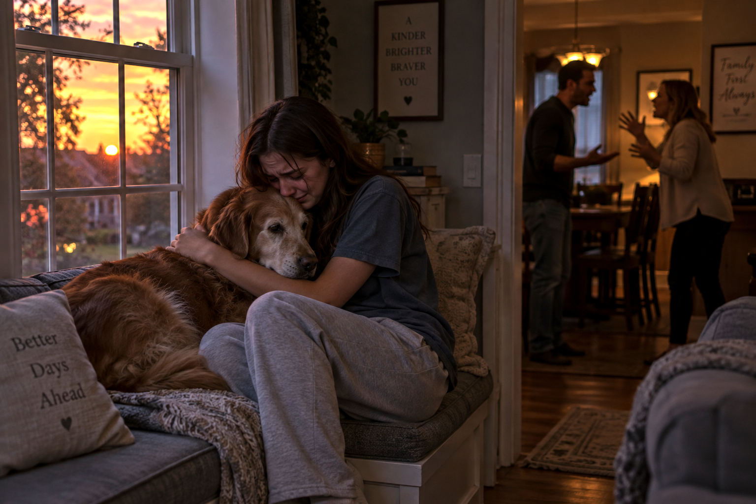 Young person with companion dog feeling the weight of conflict at home