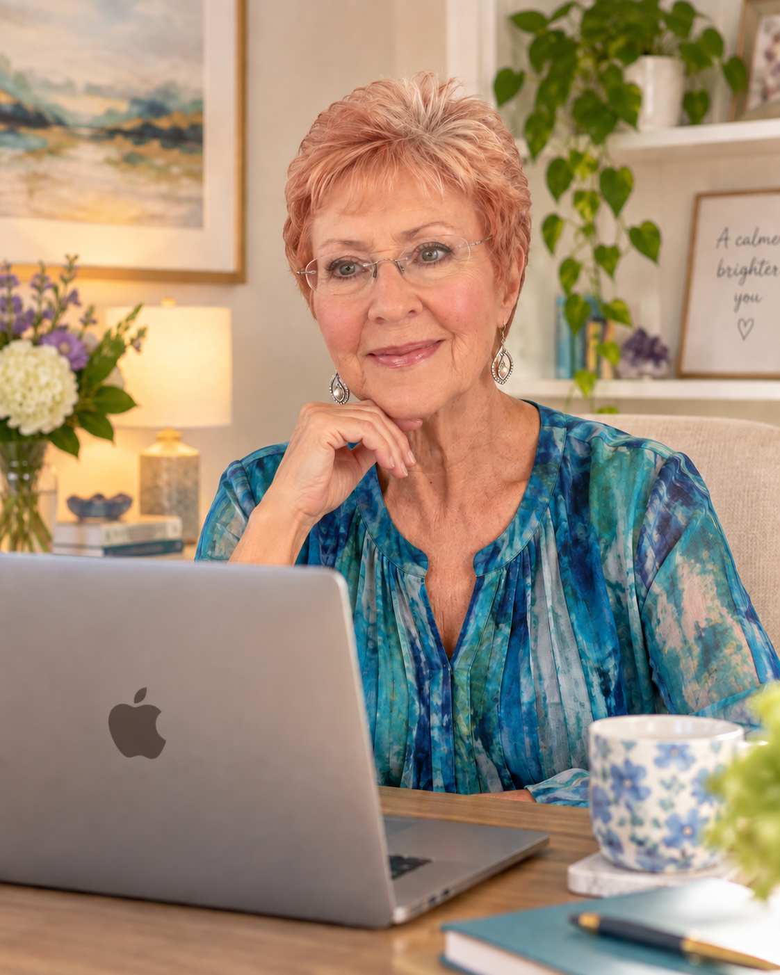 Linda Whitaker conducting a remote video consultation at her Mac in home office