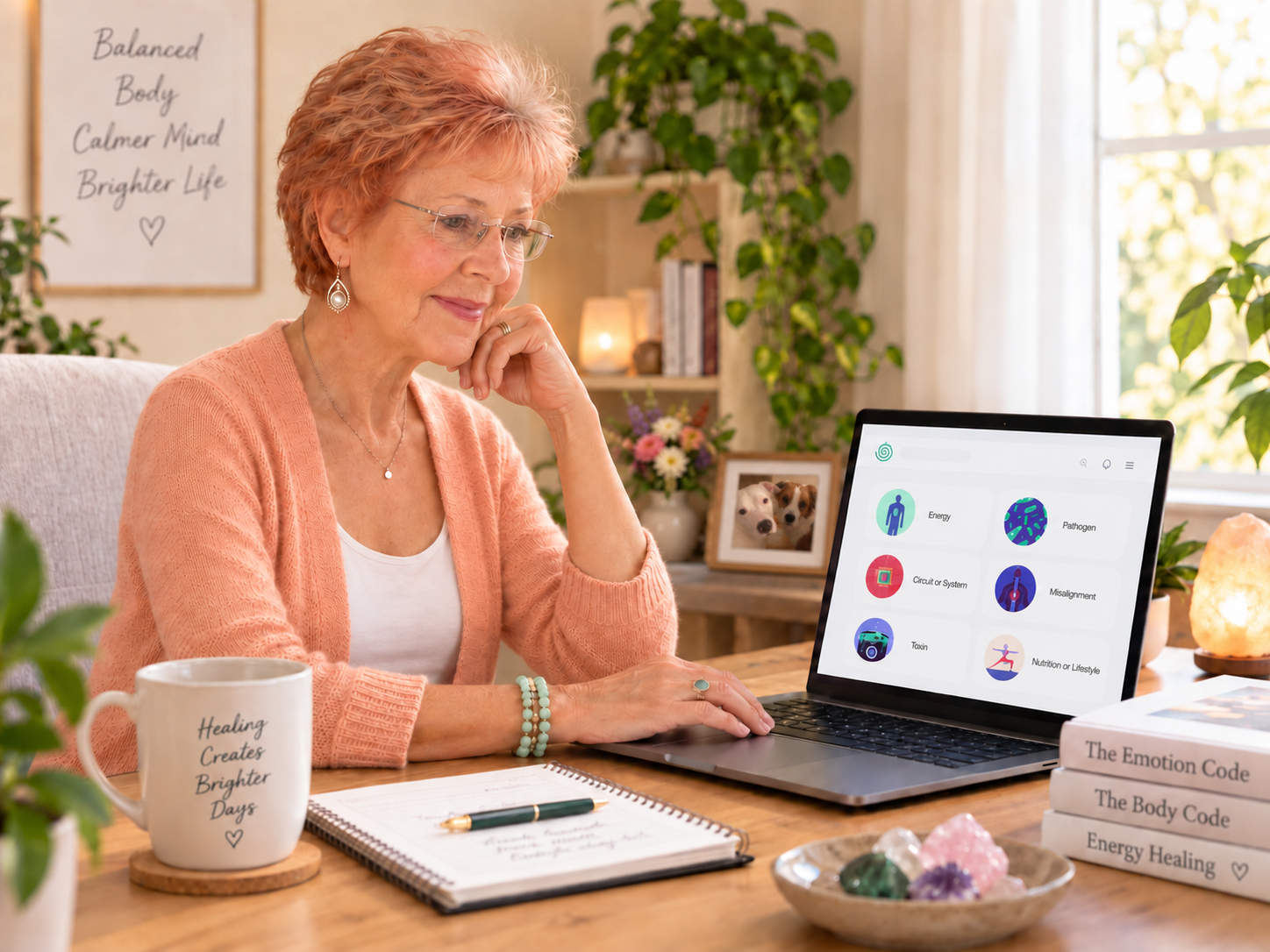 Linda working remotely at laptop with Body Code app visible
