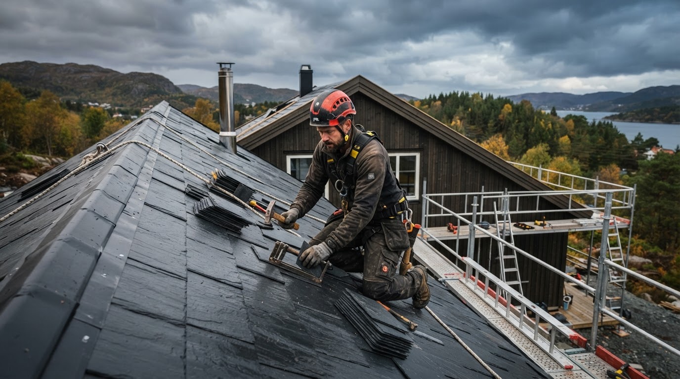 Taktekker installerer nytt tak på en norsk bolig