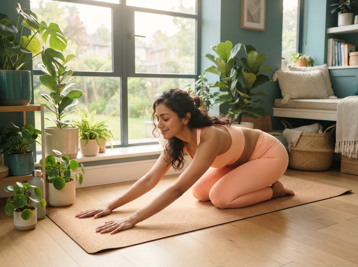 Indian woman doing a gentle morning yoga stretch by a sunlit window