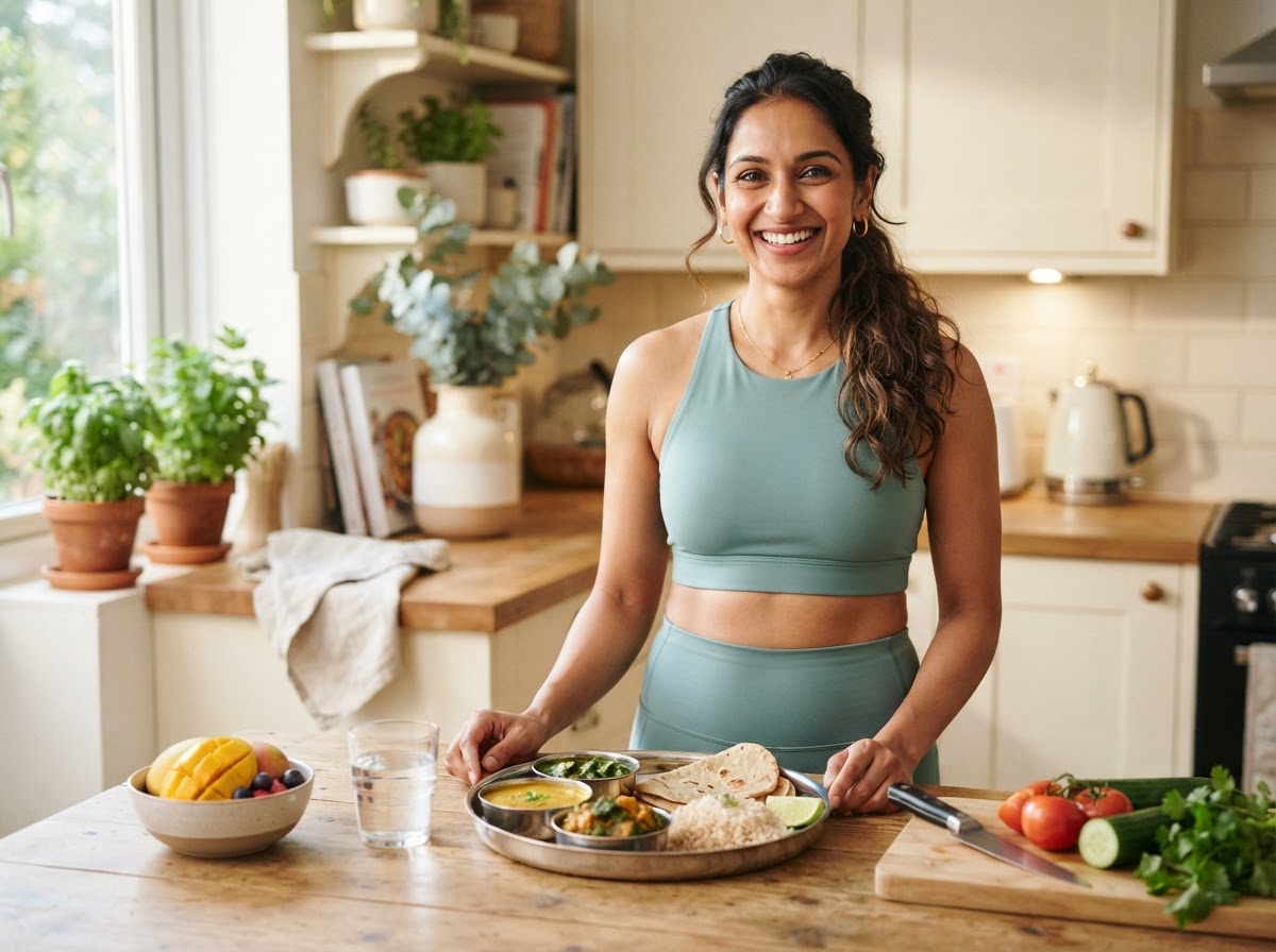 Confident Indian woman following a balanced, healthy lifestyle with fresh Indian food